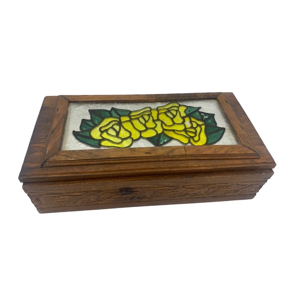 Vintage Handmade Wooden Jewelry Box With Stained Glass Top16" Long